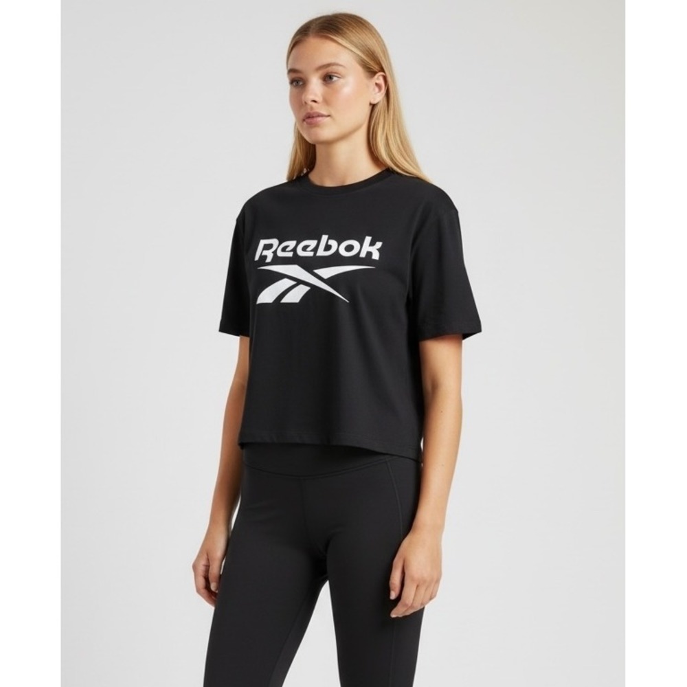 Reebok‎ Women's Large Black Cropped Logo Graphic T-Shirt Tops Activewear
